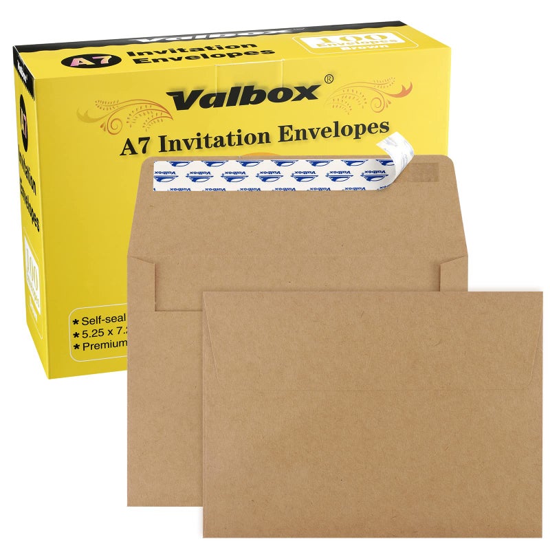 ValBox 5x7 Envelopes for Invitation 100 Qty A7 Envelopes Self Seal Brown, Kraft Paper Envelope for 5x7 Cards, Weddings, Baby Shower, Stationery, Office, 5.25 x 7.25 Inches - Image 1